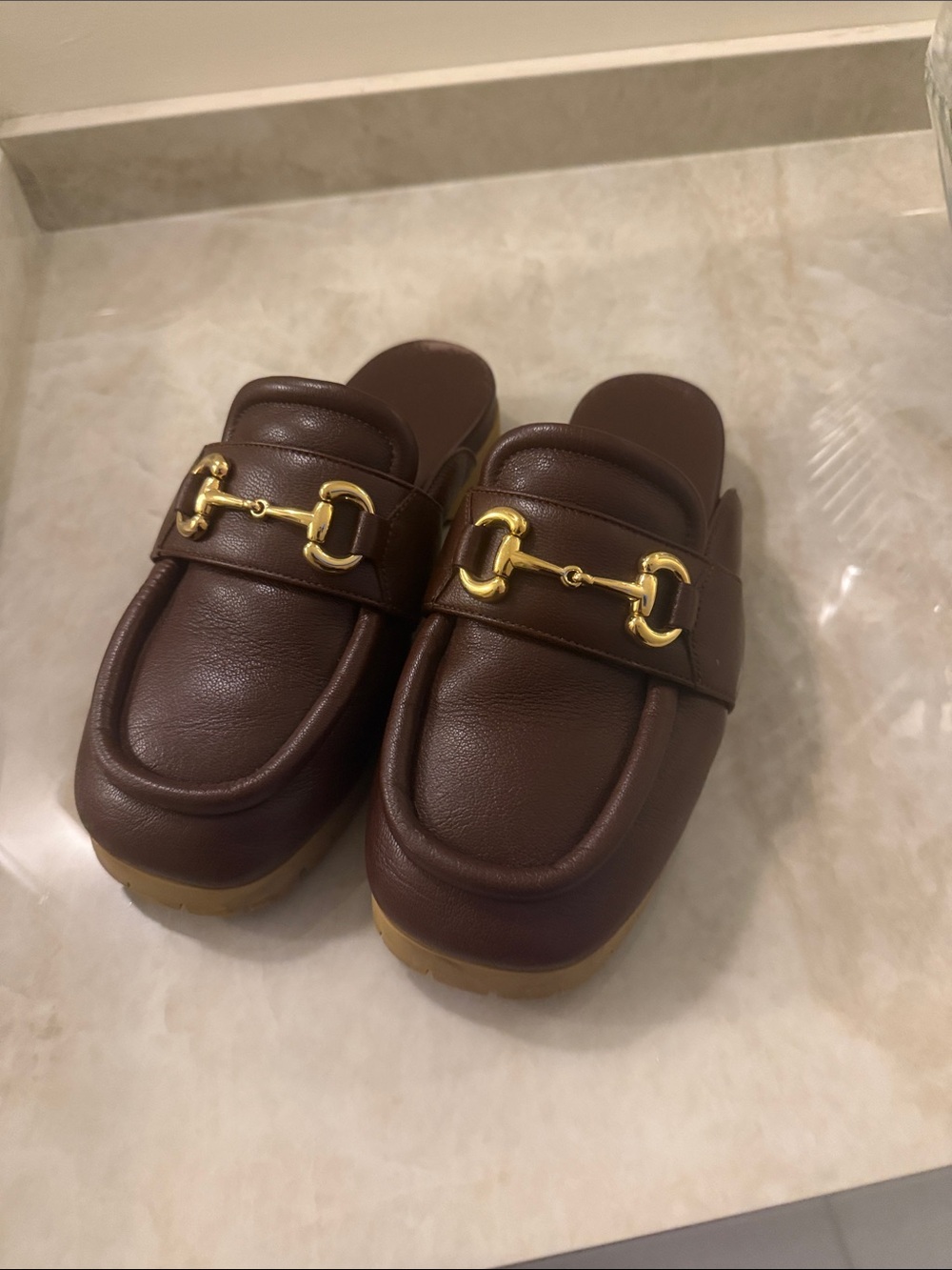 Gucci Brown Leather Horsebit Clog Mules with Gold Hardware